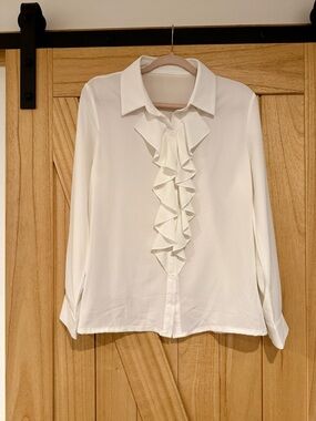 Women's White Ruffle Front Blouse